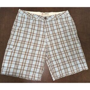 Dockers Shorts Mens 36 Brown Blue Plaid Washed Khaki 100% Cotton Relaxed Fit